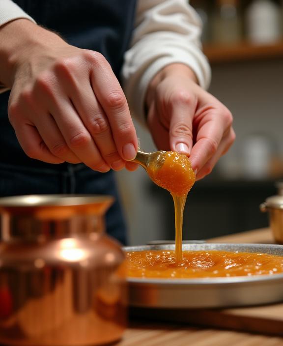 The founder of Ginger Snap Candies carefully pouring hot caramel.